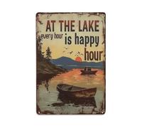 Cartel de metal con texto en inglés "At the Lake Every Hour Is Happy Hour" para jardín, dormitorio, cafetería, bar, cueva de hombre, decoración de pared para el hogar, póster de metal de 8 x 12