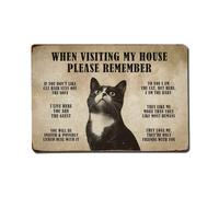 Cartel de metal con texto en inglés "Black Cat WHEN VISITING MY HOUSEPLEASE REMEMBER" para jardín, dormitorio, cafetería, bar, cueva de hombre, decoración de pared del hogar, póster de metal de 8 x 12