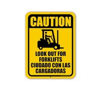 Cartel de metal con texto en inglés "Caution Look Out For Forklifts Ciudado Con Las Cargadoras", carteles de seguridad en el sitio, carteles de advertencia de negocios, placa de metal de 8 x 12