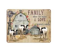 Cartel de metal con texto en inglés "Family Where Life Begins And Love Never Ends" (Familia donde la vida comienza y el amor nunca termina) - Arte de pared de metal rústico con vacas y granjas, 12 x