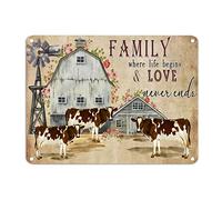 Cartel de metal con texto en inglés "Family Where Life Begins And Love Never Ends", rústico, elegante, de metal, para pared, vacas, granja, 12 x 16 pulgadas, resistente a la intemperie, para cocina