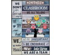 Cartel de metal con texto en inglés «In this classroom, we all belong and we matter-Owl Teacher, aula, arte de pared para el hogar, regreso a clases, cartel de metal de 12 x 8 pulgadas