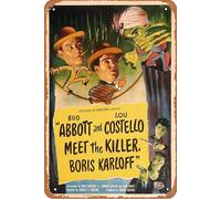 Cartel de metal con texto en inglés "Meet the Killer" de Abbott and Costello y Boris Karloff, 20 x 30 cm, decoración de pared retro vintage