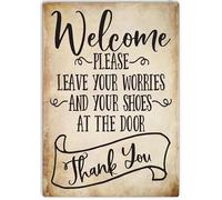 Cartel de metal con texto en inglés "Please Leave Your Worries And Your Shoes At The Door No Shoes Allowed", 8 x 12 pulgadas
