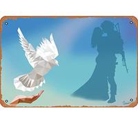 Cartel de metal con texto en inglés "The Immortal Kiss of The Witch and The Soldier" (El beso inmortal de la bruja y el soldado, magia y fantasía), diseño abstracto y surrealista de hombre clásico