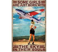 Cartel de metal con texto en inglés "The Stewardess Looks Up at The Airplane", con texto en inglés "Some Girls are Born to Like The Sky", arte retro chic para bar, pub, hombre, cueva, club, novela e