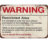 Cartel de metal con texto en inglés "Warning Restricted Military Area 51", para cafetería, pub, decoración de pared, 8 x 12 pulgadas
