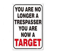 Cartel de metal con texto en inglés «You are No longer A Trespasser You are Now A Target», 30,5 x 20,3 cm, diseño vintage divertido para decoración de pared, regalo de arte retro