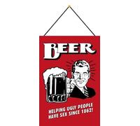 Cartel de metal de 20 x 30 cm con cordón, diseño de Beer Helping Ugly People Cerveza, color rojo