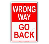 Cartel de metal de estaño con texto en inglés "Wrong Way Go Back Street Road Safety" (15 x 20 cm)