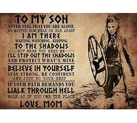 Cartel de metal de guerrero vikingo con texto en inglés "Mom To My Son Never Feel That You Are Alone" (mamá a mi hijo, nunca te sientes que estás solo), placa de estaño, placa retro para decoración de
