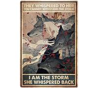 Cartel de metal de lobo con texto en inglés "I Am The Storm She Whispered Back", póster divertido para cafetería, sala de estar, cocina, baño, decoración de pared, regalo