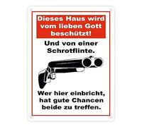 Cartel de metal en 15 x 20 cm. Esta casa está protegida por Dios y una escopeta, robo señal de advertencia para ladrones, puerta de casa, escopeta, protección contra robos