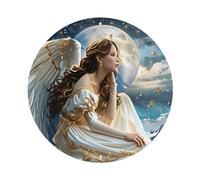 Cartel de metal redondo con diseño de alas de ángel con luz de luna, estrellas, cielo nocturno, vestido celestial, bordado dorado, letrero de metal vintage para decoración de pared, bar, jardín, 8 x 8