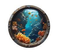 Cartel de metal redondo con diseño de arrecife de coral bajo el agua, escena de peces a través de la vista de ojo de buey, letrero de metal vintage para decoración de pared, para el hogar, bar, jardín