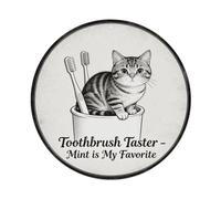 Cartel de metal redondo con diseño de gato en cepillo de dientes con taza de menta, para cafetería, bar, pub, decoración de pared del hogar, póster de metal de 8 x 8 pulgadas