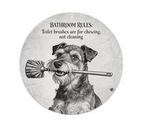 Cartel de metal redondo con diseño de perro sosteniendo el cepillo de inodoro en la boca, para cafetería, bar, pub, decoración de pared del hogar, póster de metal de 8 x 8 pulgadas