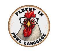 Cartel de metal redondo con diseño de pollo con gafas y texto que fluye en el lenguaje de las aves de corral para cafetería, bar, pub, decoración de pared del hogar, póster de metal de 8 x 8 pulgadas