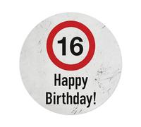 Cartel de metal redondo con el número dieciséis feliz cumpleaños rojo para cafetería, bar, pub, decoración de pared del hogar, póster de metal de 8 x 8 pulgadas