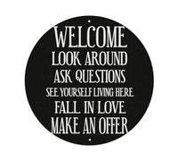 Cartel de metal redondo vintage con texto en inglés "Welcome Look Around Ask Questions" para decoración de pared de metal, para hogar, bar, garaje, granja, cafetería, decoración de pared, 20 x 20 cm