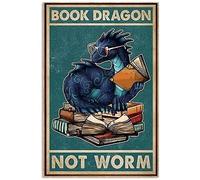 Cartel de metal retro con diseño de dragón, libro, dragón, no gusano, póster divertido para biblioteca, cafetería, sala de estar, baño, cocina, hogar, decoración de pared, placa de regalo, 8 x 12