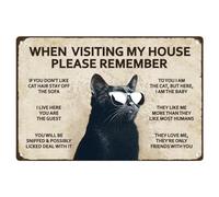 Cartel de metal retro con texto en inglés "Black Cat When Visiting My House Please Remember" para decoración del hogar, club, cafetería, 7.9 x 11.9 pulgadas