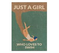 Cartel de metal retro con texto en inglés "Just A Girl Who Loves To Swim", póster vintage de natación, póster de arte de natación, póster de verano, música bar, club, decoración de pared para hombre