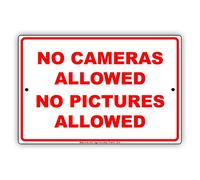 Cartel de metal retro con texto en inglés "No Cameras Allowed No Pictures Allowed No Pictures Allowed Privacy Policy divertido de 20 x 30 cm