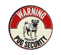 Cartel de metal retro con texto en inglés "Warning Pug Security Protected By Round" para cafetería, bar, pub, hogar, sala de juegos, gimnasio, club, decoración de pared, póster de metal vintage de 8 x