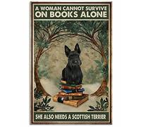 Cartel de metal retro con texto en inglés "Woman Love Scotish Terrier Dog And Book Home" (20,3 x 30,5 cm)