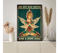 Cartel de metal retro de 20,3 x 30,5 cm con texto en inglés "She Got Mad Hustle and A Dope Soul Vintage", póster vintage de cannabis yoga, marihuana yoga, decoración del hogar, póster artístico