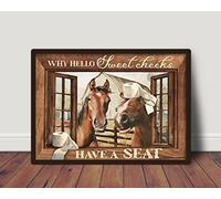 Cartel de metal retro de 30,5 x 40,6 cm, con texto en inglés "Why Hello Sweet Cheeks Have A Seat", póster de caballo para baño, decoración de pared divertida, decoración de arte nostálgico, decoración