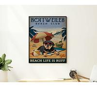 Cartel de metal retro de 5.5 x 8 pulgadas Rottweiler Beach Club Vintage Poster Rottweiler Dog Beach Life is Ruff Vintage Poster Love Dog Summer Beach Vintage Poster Gift Novedad Artesanía decorativa