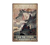Cartel de metal retro de The Wolf And The Girl They Whispered To Her You Cannot Withstand The Storm, placa de metal vintage, decoración de pared, regalo para baño, granja, dormitorio, cafetería, 8 x