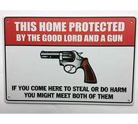 Cartel de metal retro vintage con texto en inglés "No Trespassing Warning Protected by The Lord and This Gun Street Garage & Home Bar Club Kitchen Hotel Wall Decor Metal Sign 30.5 cm x 20.3 cm