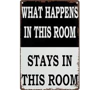 Cartel de metal retro vintage con texto en inglés "What Happens In This Room Stays In This Room" para decoración de pared, 20,3 x 30,5 cm