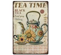 Cartel De Metal Tetera para La Hora del Té Retro Metal Estaño Signo Resistente Al Desgaste Y Duradero Placas Metálicas para WC Casa Campo Cafetería 20X30Cm