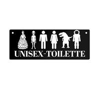 Cartel de metal unisex para inodoro en color negro, divertido cartel de chapa para varios sexos con divertidos iconos de un inodoro para hombres y mujeres y todo lo demás