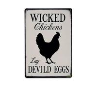 Cartel de metal vintage con diseño de gallinas malvadas poniendo huevos diablos para cocina, jardín, decoración de pared, póster de metal de 8 x 12 pulgadas
