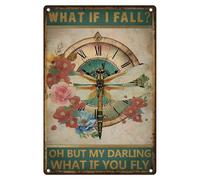 Cartel de metal vintage con diseño de libélula y reloj, con texto en inglés "What If I Fall What If You Fly", para decoración de pared de oficina en casa, cafetería, bar, 7.9 x 11.9 pulgadas