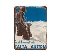 Cartel de metal vintage con diseño de montañas de los Alpes austriacos, nieve, invierno, esquí, pub, club, cafetería, bar, hogar, decoración de pared, póster retro de 30 x 40 cm
