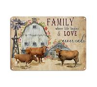 Cartel de metal vintage con diseño de vaca rústica con texto en inglés "Family Where Life Begins And Love Never Ends" (Familia donde la vida comienza y el amor nunca termina), diseño abstracto de