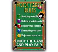 Cartel de metal vintage con reglas de mesa de billar Enjoy The Game And Play Fair Placa de metal para decoración de pared para el hogar, oficina, bar, pub, cafetería, gimnasio, cueva de hombre, 20 x