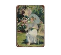 Cartel de metal vintage con texto en inglés «Girl in Dress Sitting in Spring Flower Garden» (20 x 30 cm)