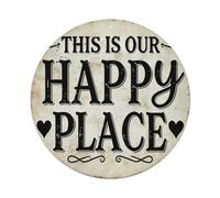 Cartel de metal vintage con texto en inglés "This Is Our Happy Place" para jardín, dormitorio, cafetería, bar, cueva de hombre, decoración de pared, póster de metal de 8 x 8 pulgadas