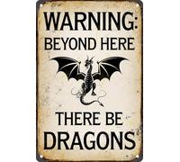 Cartel de metal vintage con texto en inglés «Warning Beyond Here There Be Dragons» para bar, pub, club, tienda, decoración, placa de 8 x 12 pulgadas
