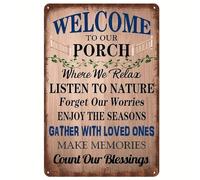 Cartel de metal vintage con texto en inglés "Welcome To Our Porch" (8 x 12), póster con obras de arte, restaurante, bar, pub, cafetería, cafetería, pintura de hierro, resistente al agua y al polvo,