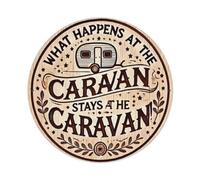 Cartel de metal vintage con texto en inglés "What Happens At The Caravan" para el hogar, hombre, cueva, bar, cafetería, cocina, lavandería, decoración de pared, 8 x 8 pulgadas