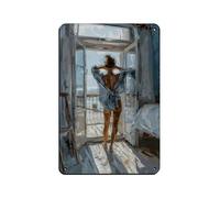 Cartel de metal vintage con texto en inglés "Woman on the Balcony of A Holiday Home" para decoración de pared, póster retro de 20 x 30 cm