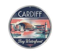 Cartel de metal vintage de viaje con la bahía de Cardiff Waterfront para decoración de pared para cafetería, club, jardín, póster redondo de metal de 8 x 8 pulgadas
